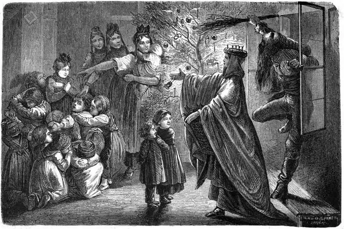 A black and white illustration of a group of children cowering in a corner as a terrifying, bearded man with a stick climbs through the window. In front of him is a robed, androgynous figure with candles on their head and two children look up at this figure instead of cowering.
